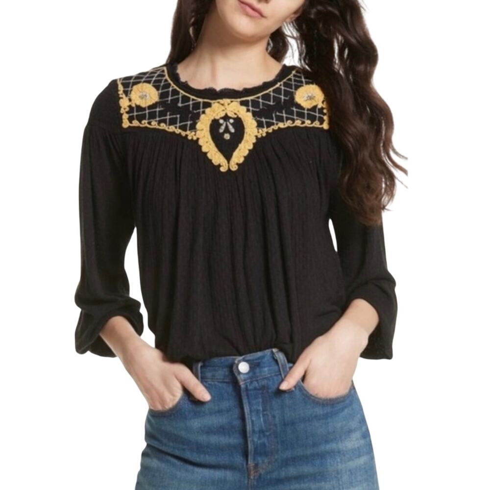 NWT FREE PEOPLE Women’s Boho Begonia Black Embroidered Bubble Hem Top